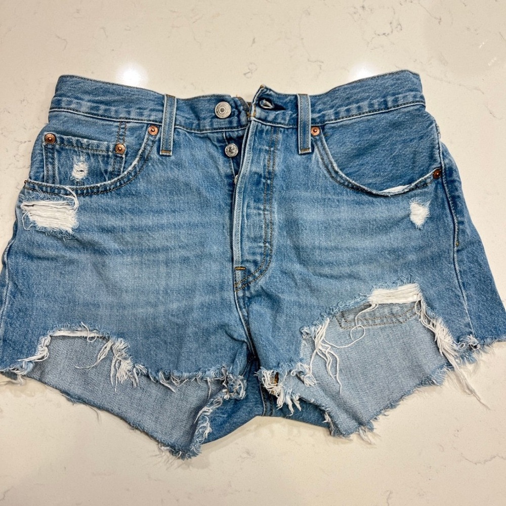 Levi's Light Blue Distressed Frayed Denim Shorts